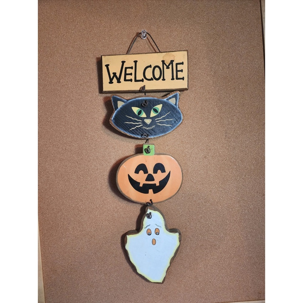 Festive Halloween Welcome Sign Black Cat, Pumpkin, Ghost‎